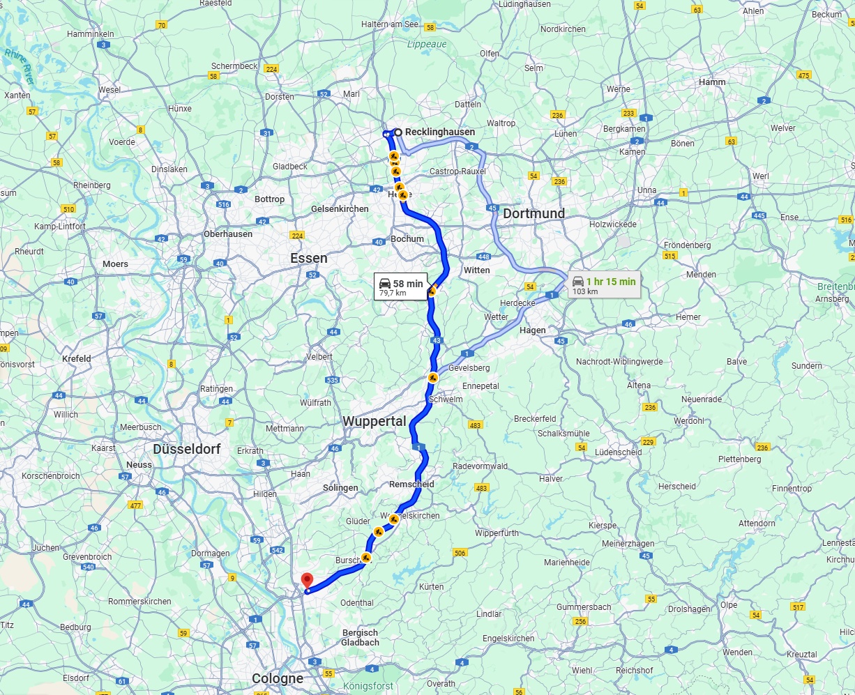 Anreise von Recklinghausen Zu Leverkusen Über via A43 and A1