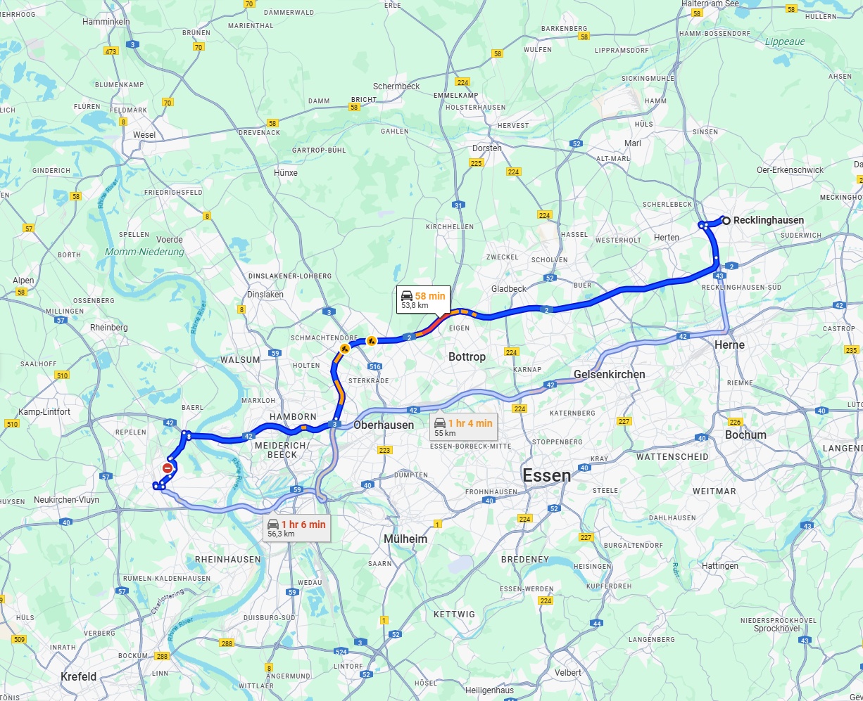 Anreise von Recklinghausen Zu Moers Über via A2