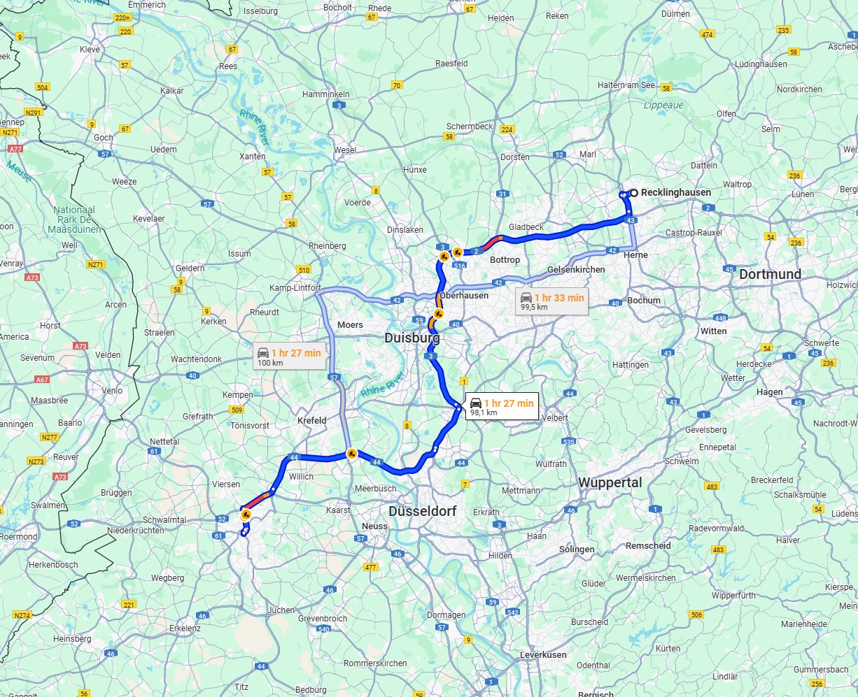 Anreise von Recklinghausen Zu Mönchengladbach Über via A2 and A44