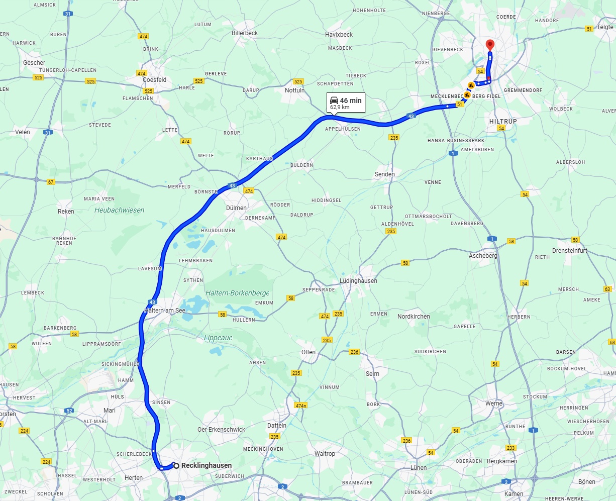 Anreise von Recklinghausen Zu Münster Über via A43