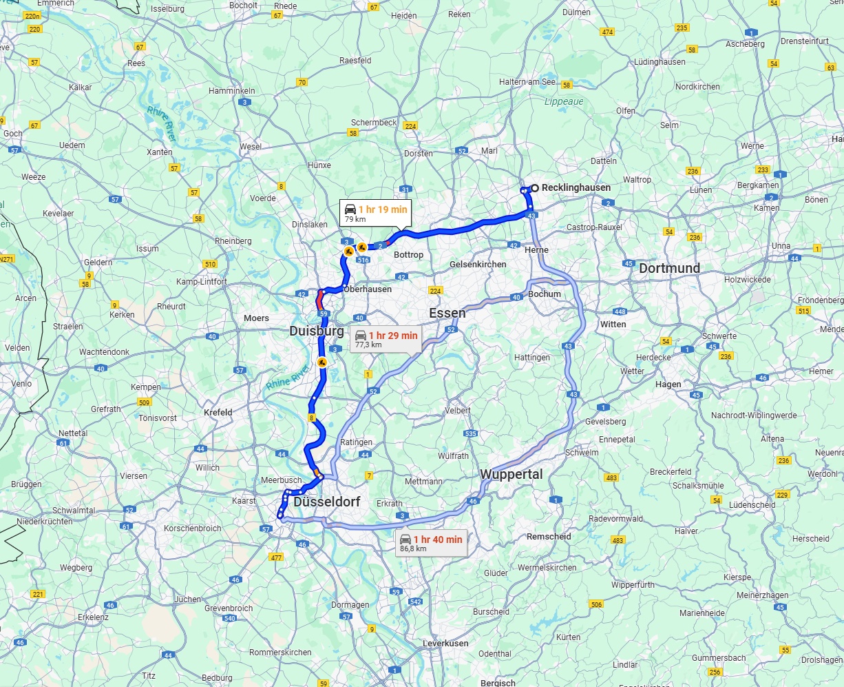 Anreise von Recklinghausen Zu Neuss Über via A2