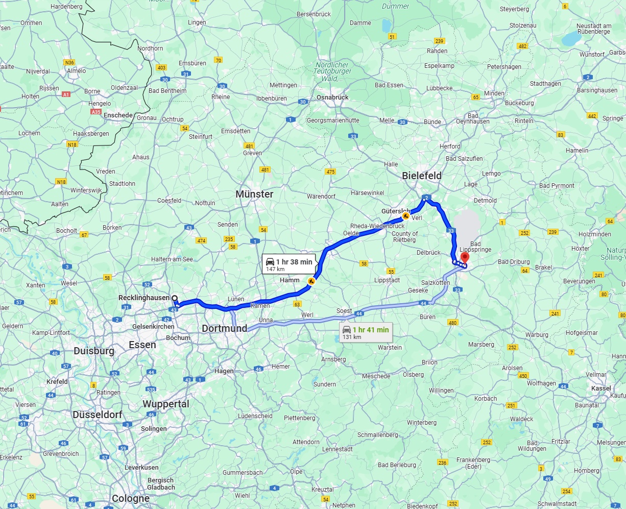 Anreise von Recklinghausen Zu Paderborn Über via A2