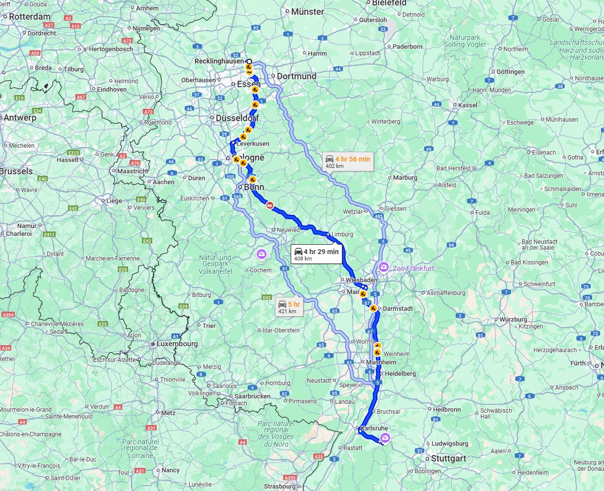Anreise von Recklinghausen Zu Pforzheim Über via A3 and A5
