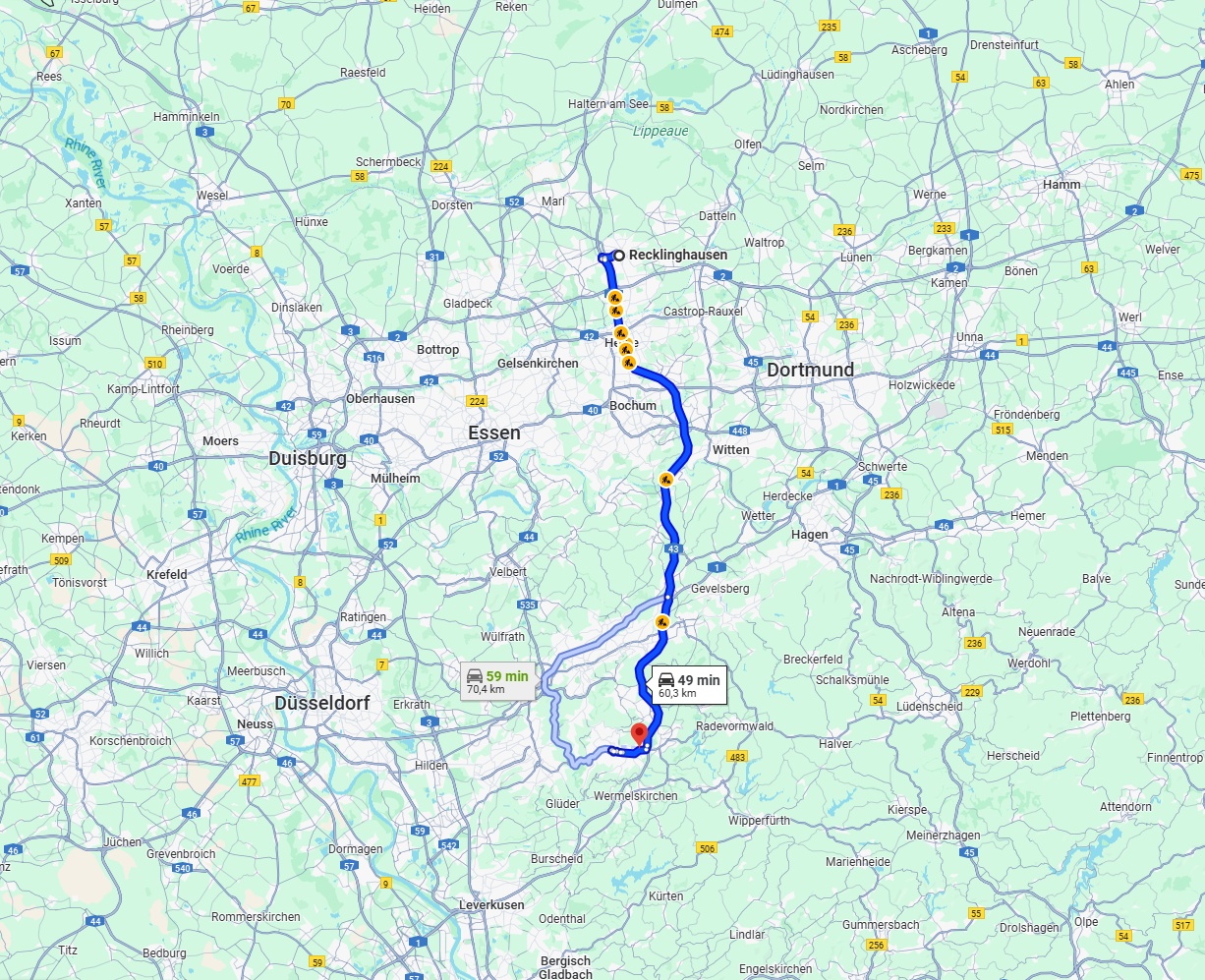 Anreise von Recklinghausen Zu Remscheid Über via A43 and A1