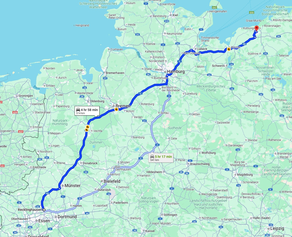 Anreise von Recklinghausen Zu Rostock Über via A1