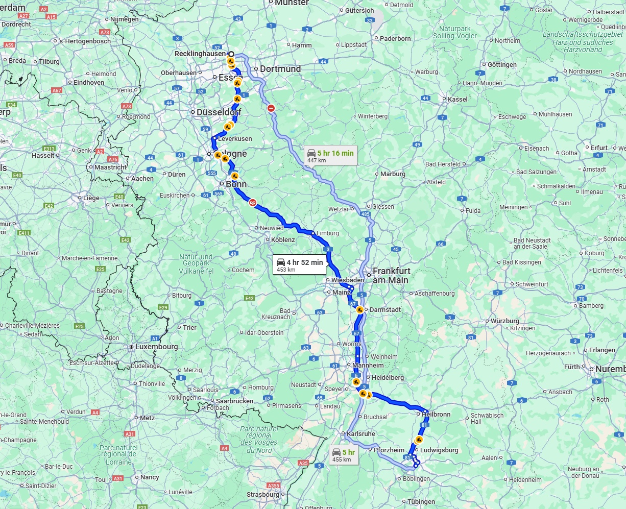 Anreise von Recklinghausen Zu Stuttgart Über via A3