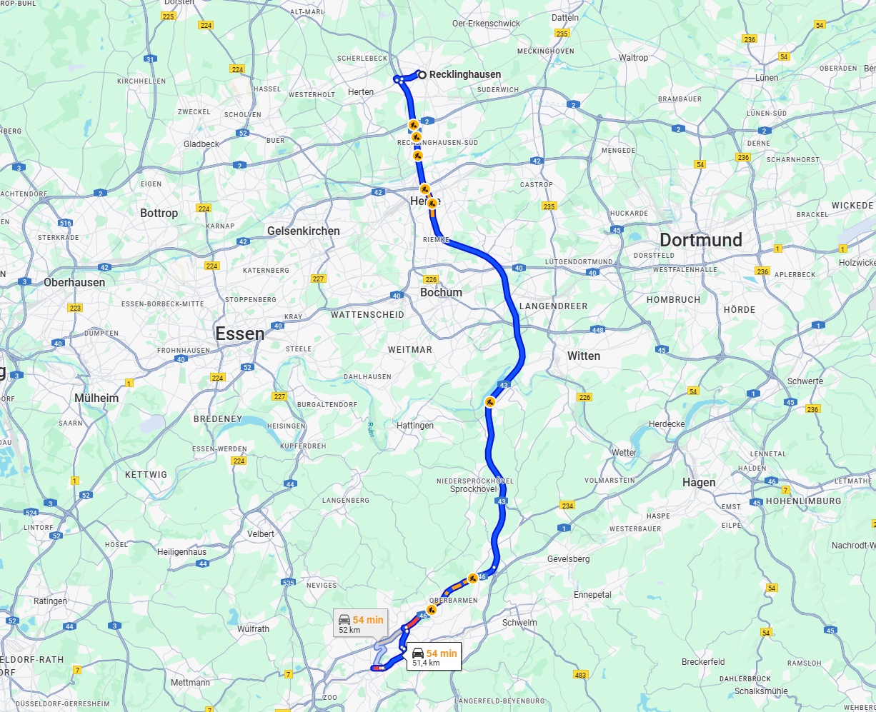 Anreise von Recklinghausen Zu Wuppertal Über via A43
