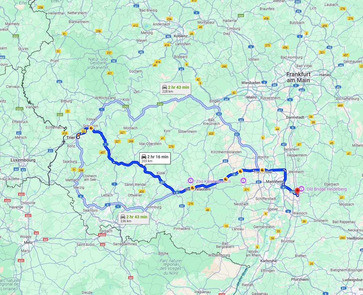 Anreise von Trier Zu Heidelberg Über via A62 and A6