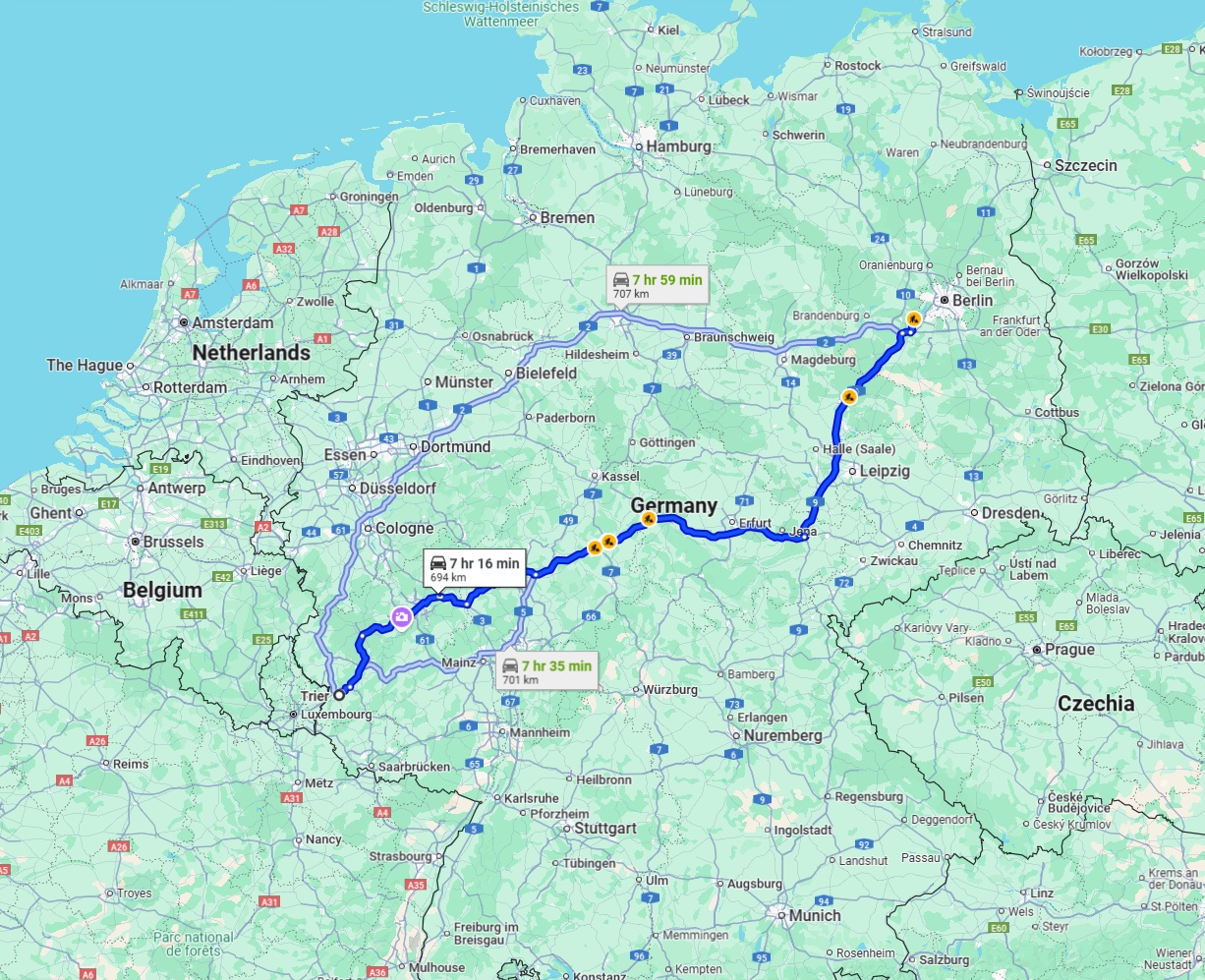 Anreise von Trier Zu Potsdam Über via A4 and A9