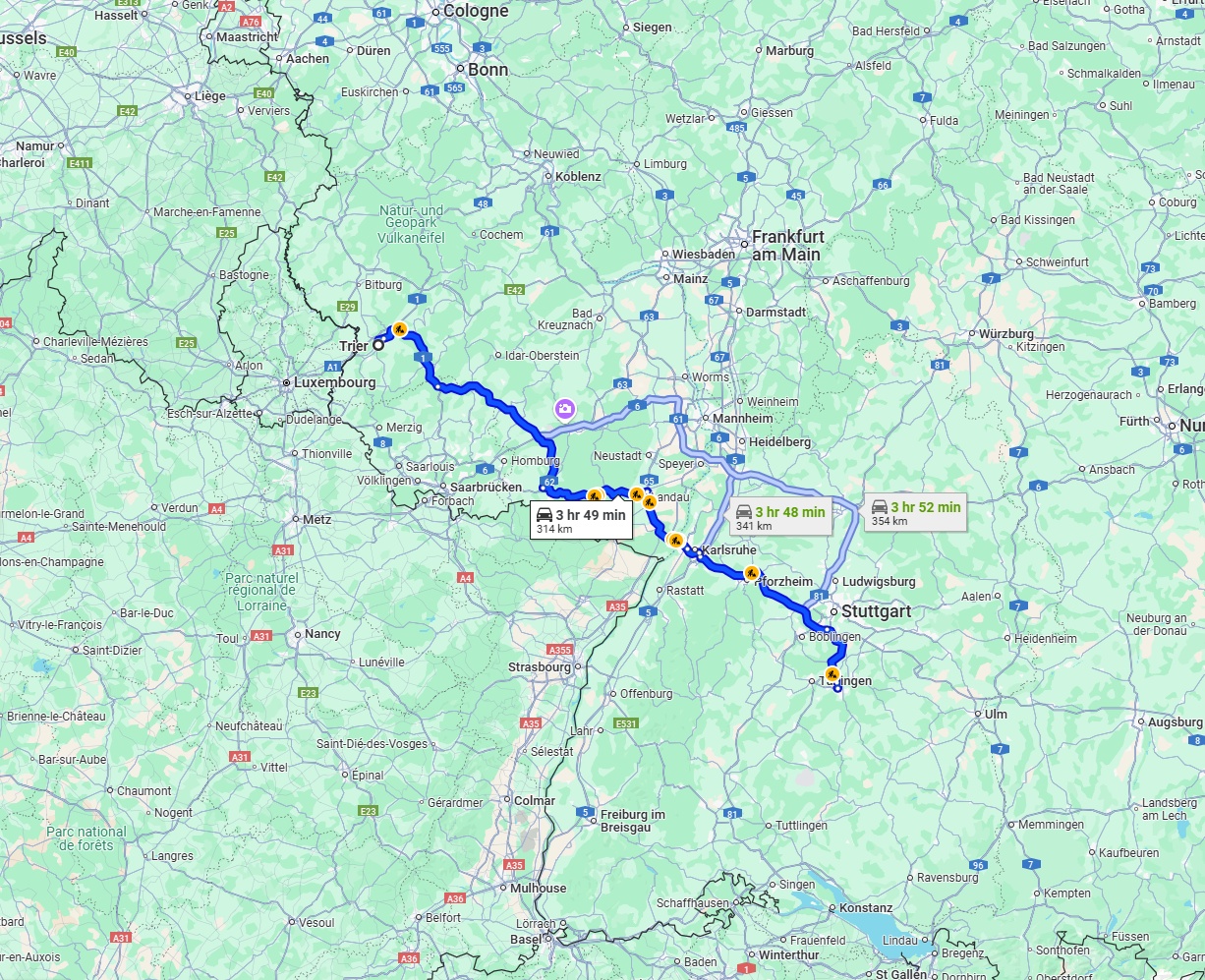 Anreise von Trier Zu Reutlingen Über via A62