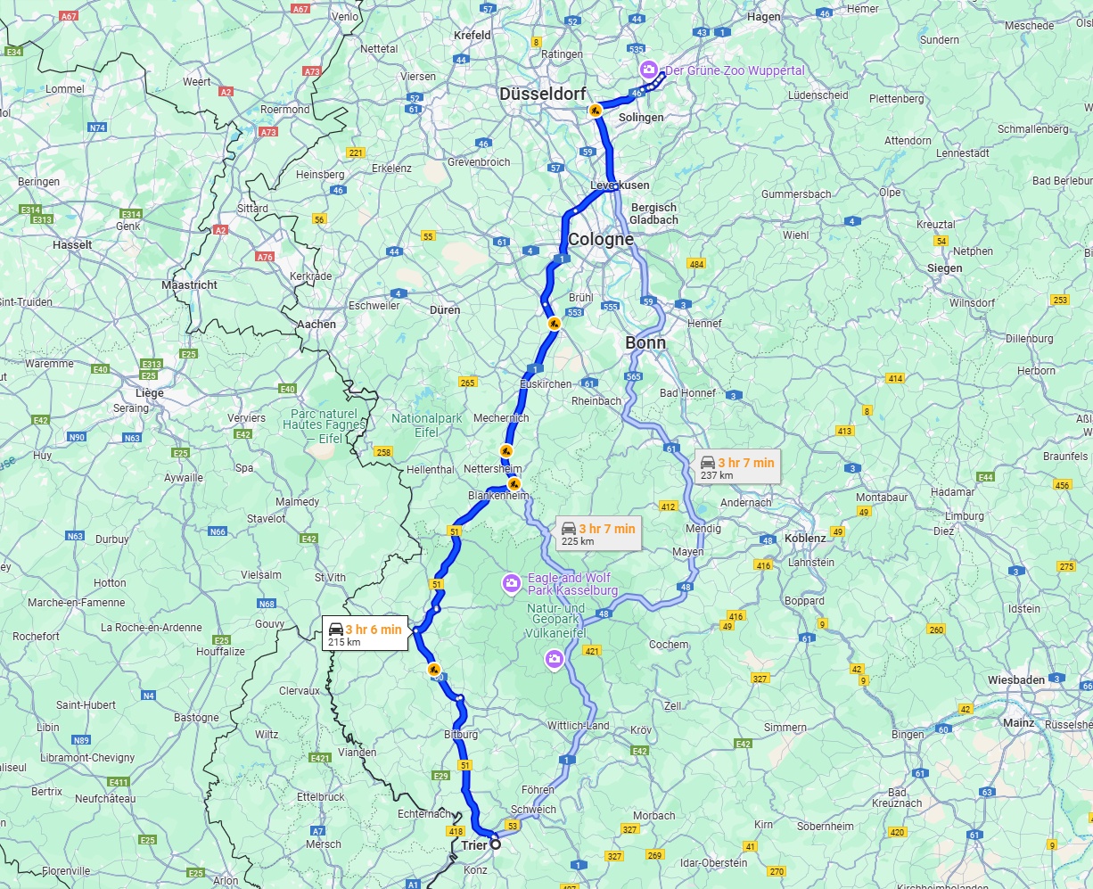 Anreise von Trier Zu Wuppertal Über via B51 and A1
