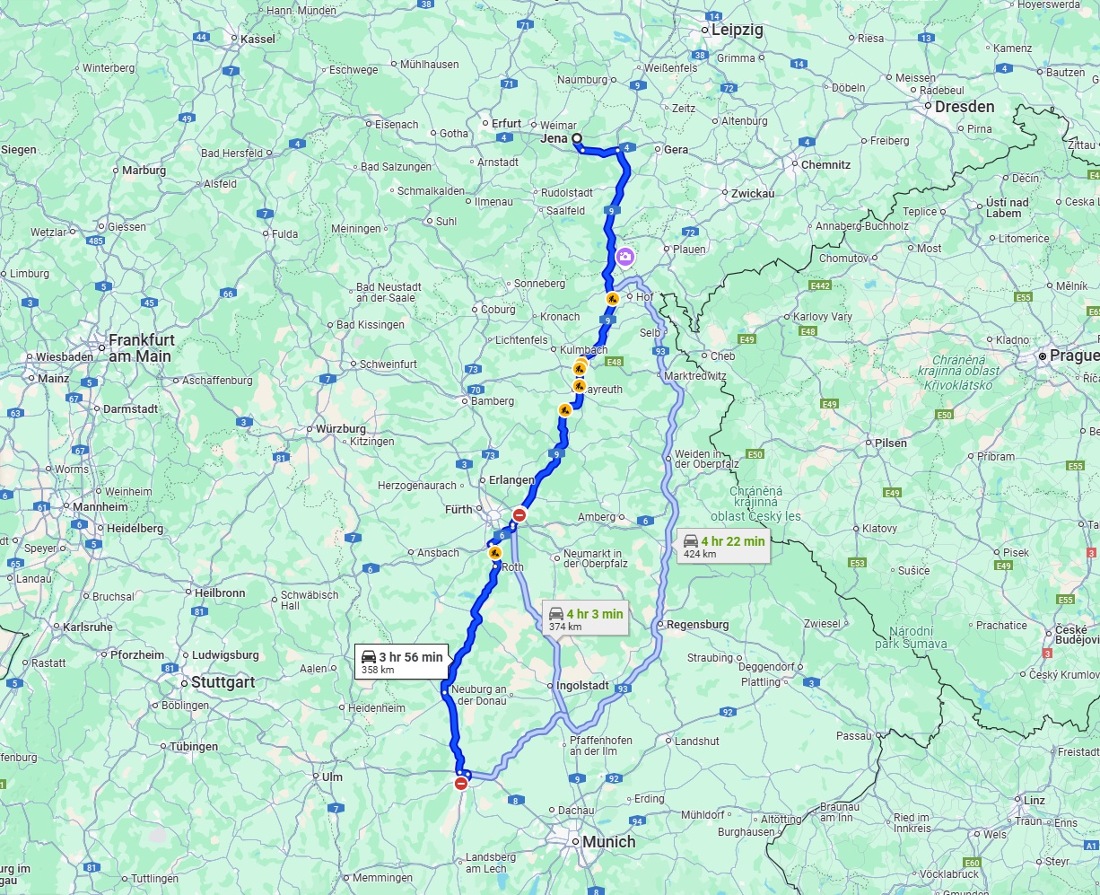 Anreise von Jena Zu Augsburg Über via A9 and B2