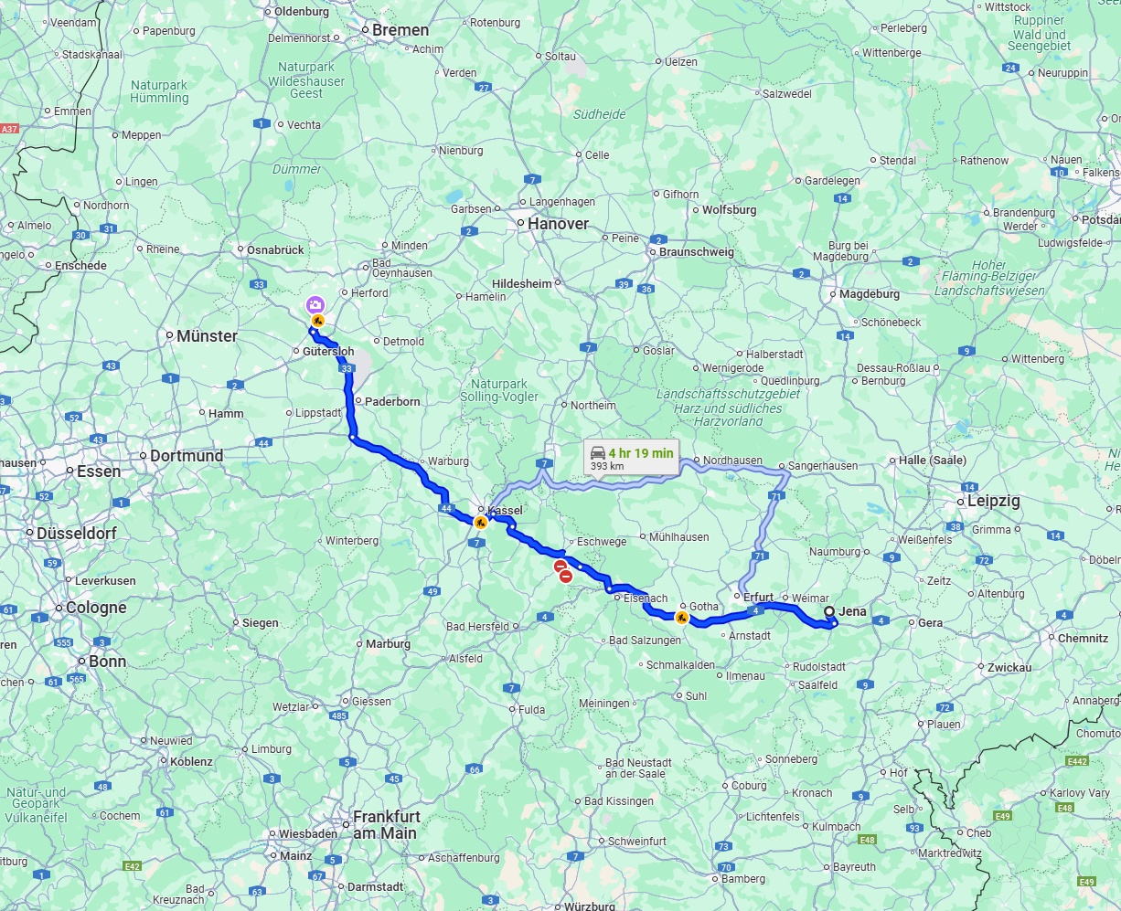 Anreise von Jena Zu Bielefeld Über via A4 and A44