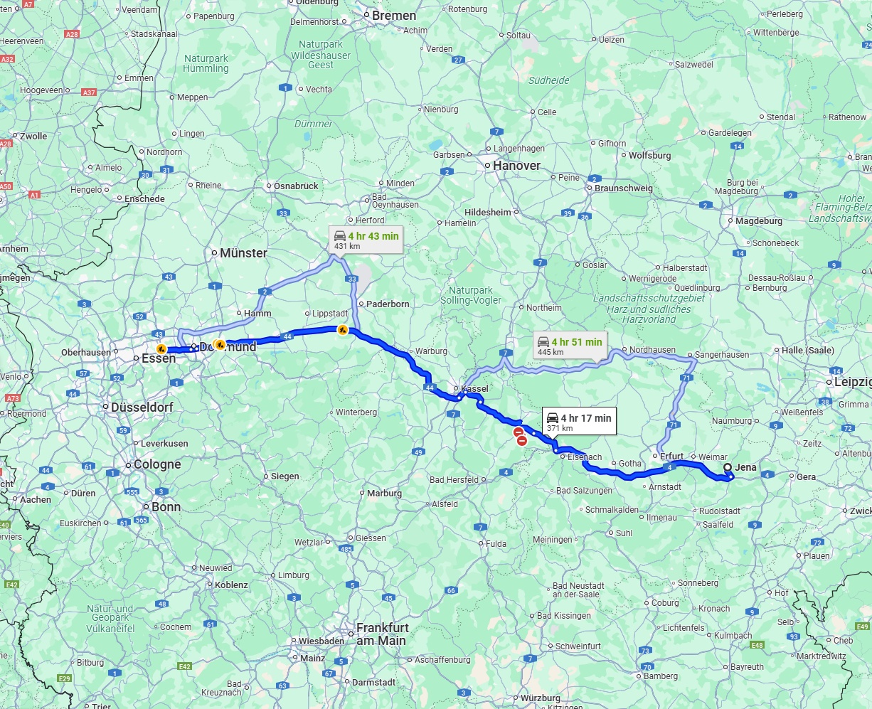 Anreise von Jena Zu Bochum Über via A4 and A44