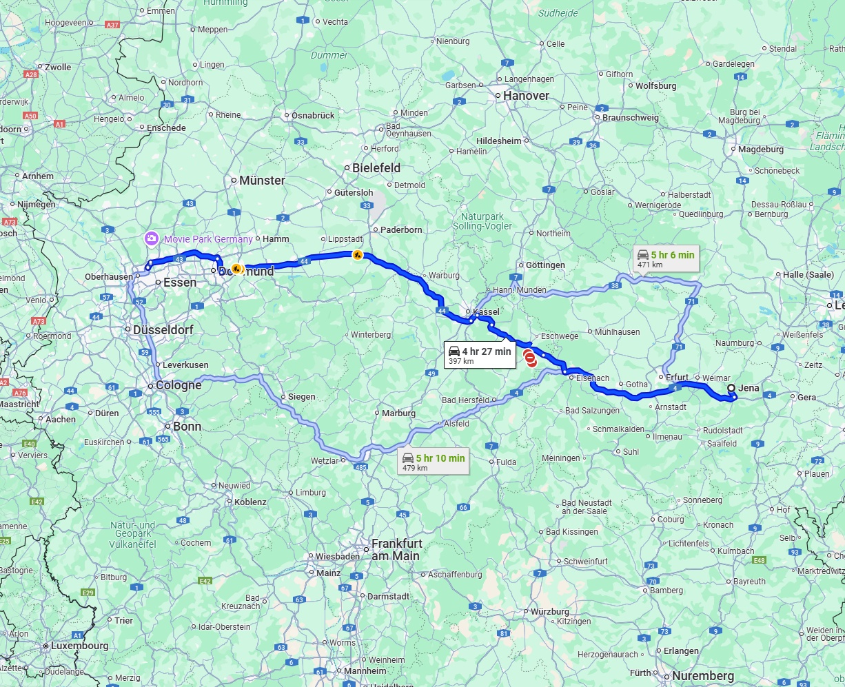 Anreise von Jena Zu Bottrop Über via A4 and A44