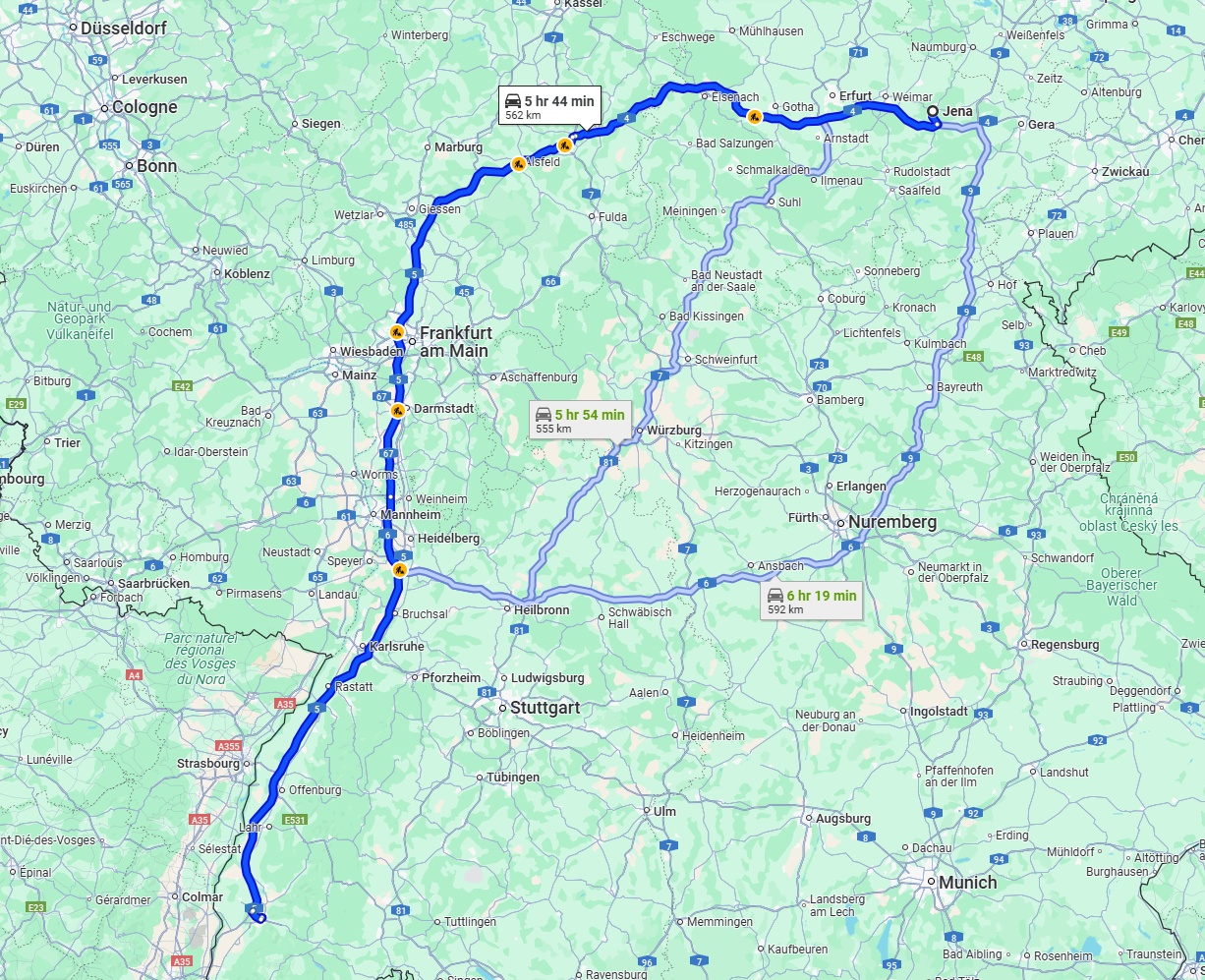 Anreise von Jena Zu Freiburg im Breisgau Über via A4 and A5