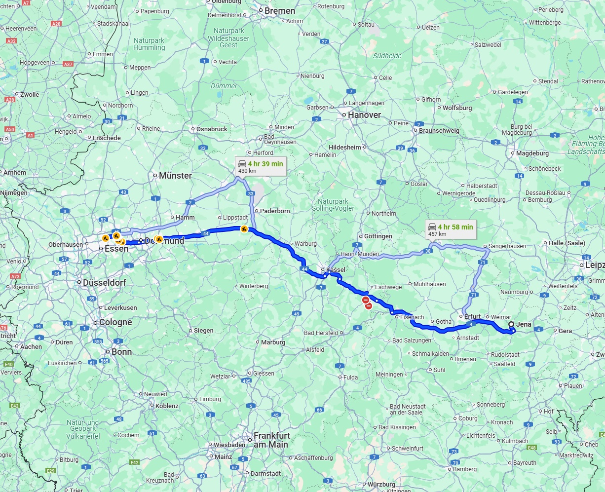 Anreise von Jena Zu Gelsenkirchen Über via A4 and A44