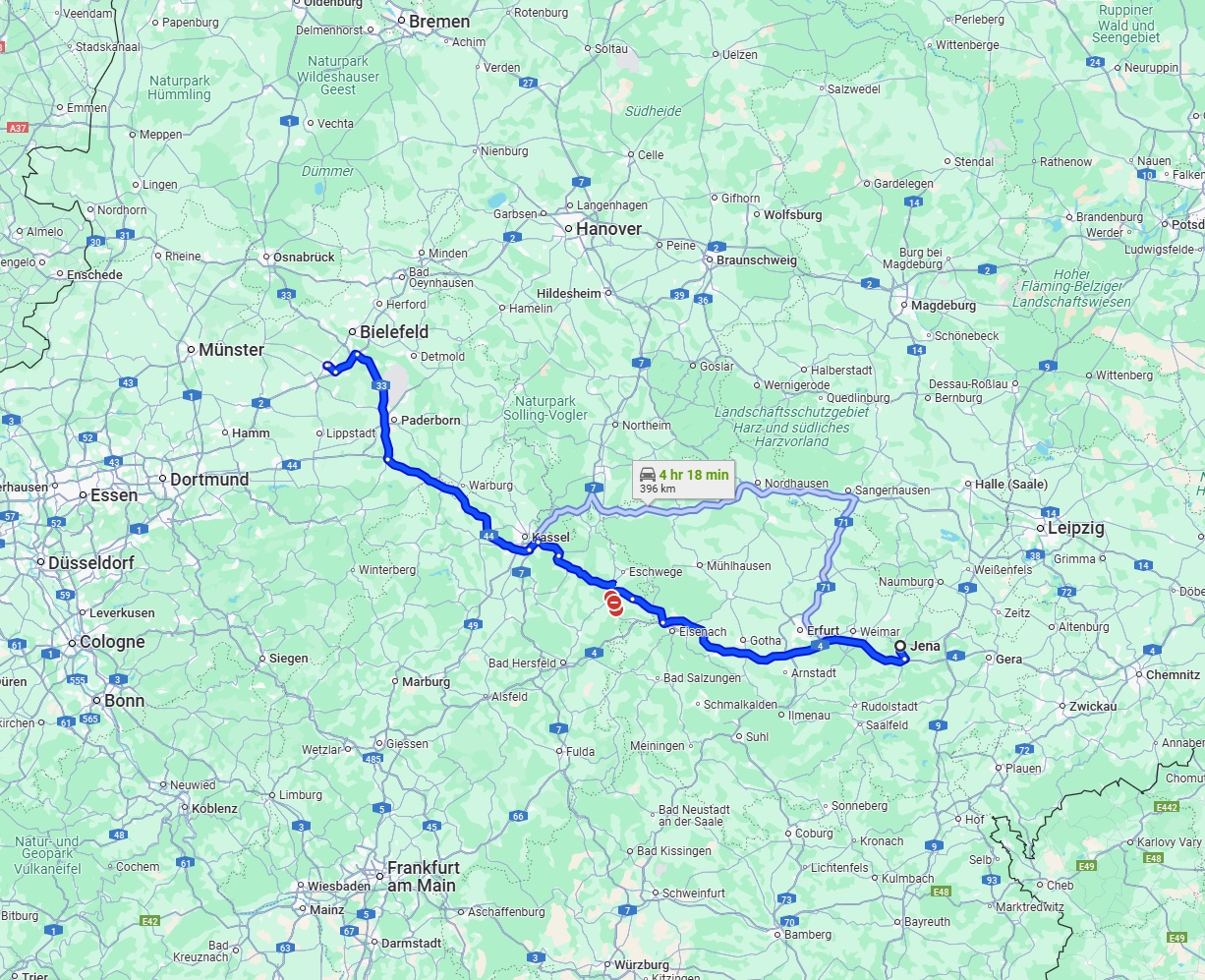 Anreise von Jena Zu Gütersloh Über via A4 and A44
