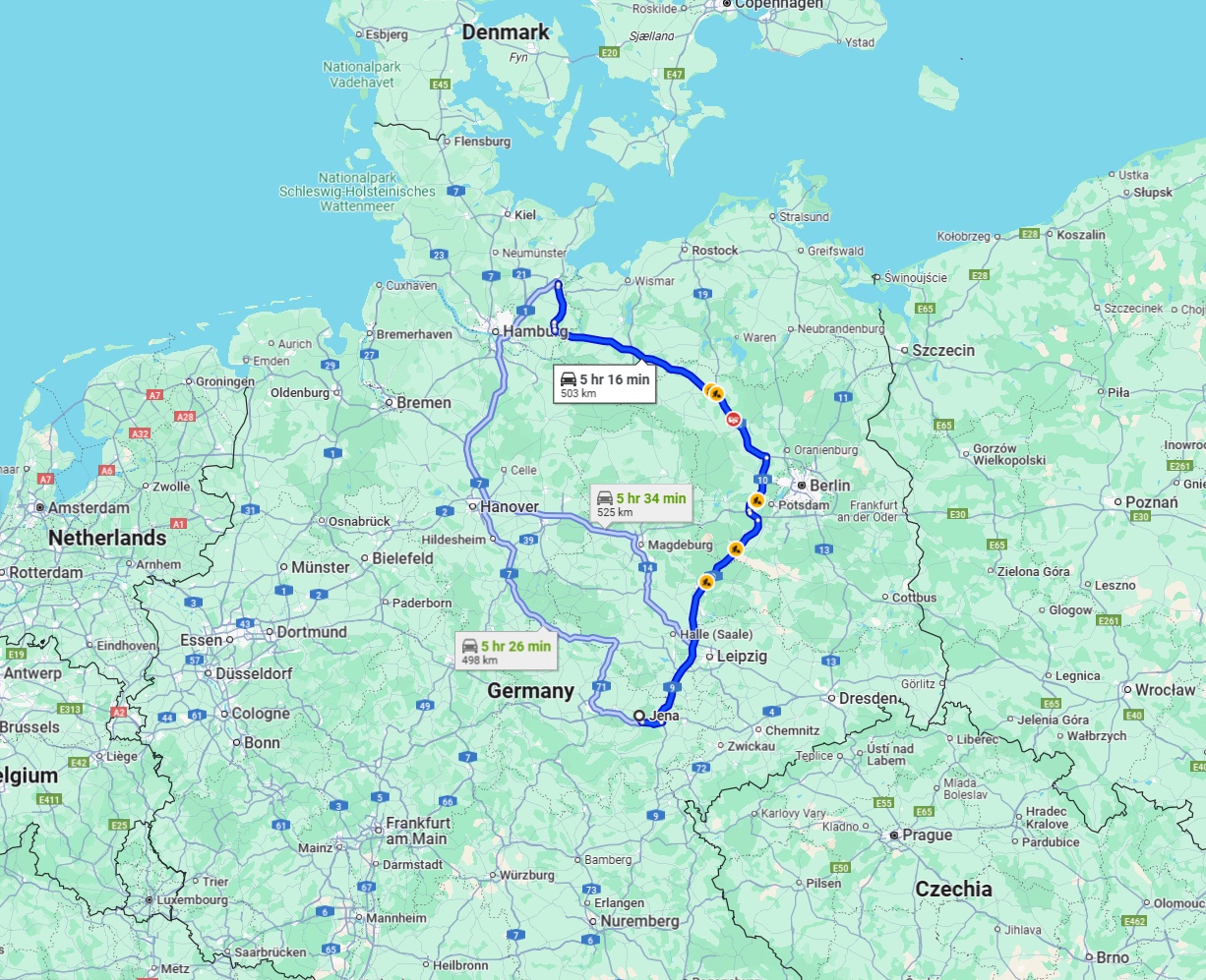 Anreise von Jena Zu Lübeck Über via A9 and A24