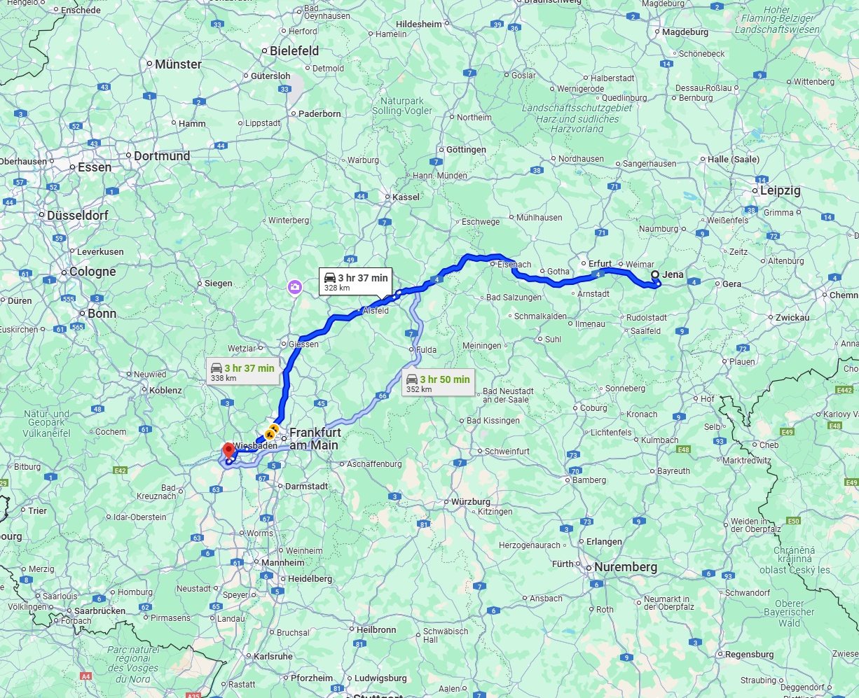 Anreise von Jena Zu Mainz Über via A4 and A5