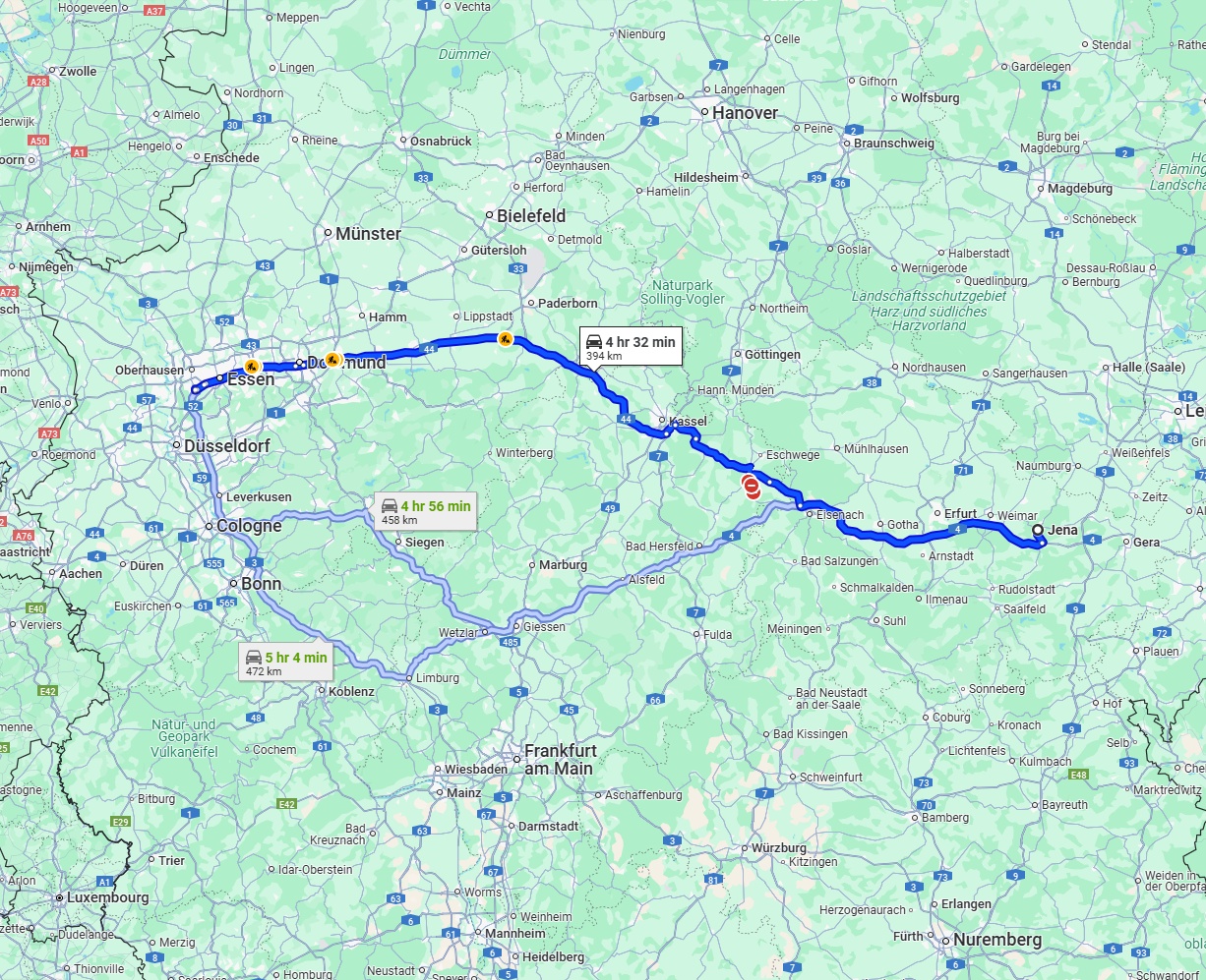 Anreise von Jena Zu Mülheim an der Ruhr Über via A4 and A44