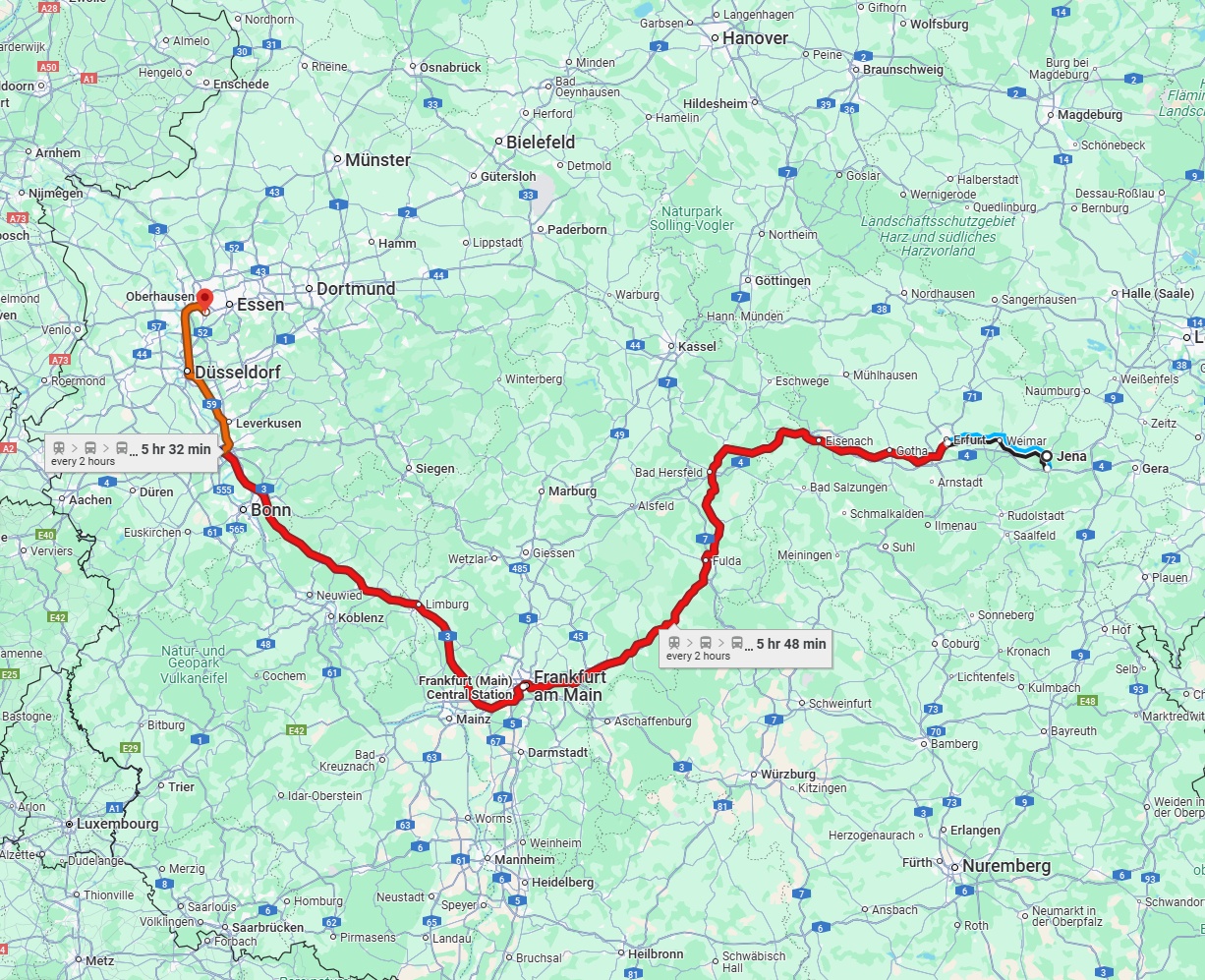 Anreise von Jena Zu Mülheim an der Ruhr Über 