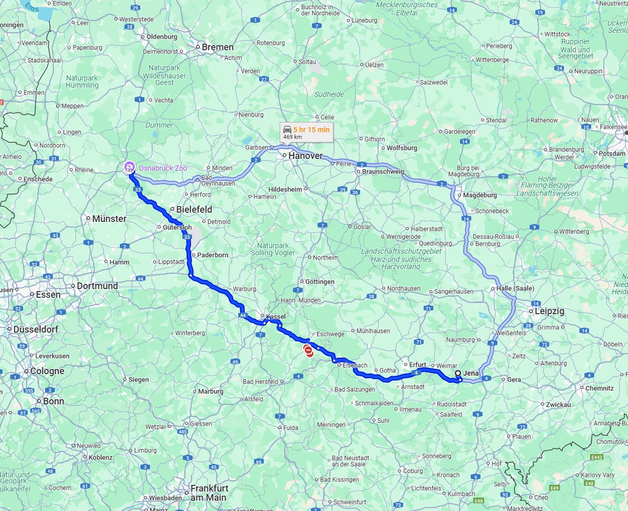 Anreise von Jena Zu Osnabrück Über via A4, A44 and A33