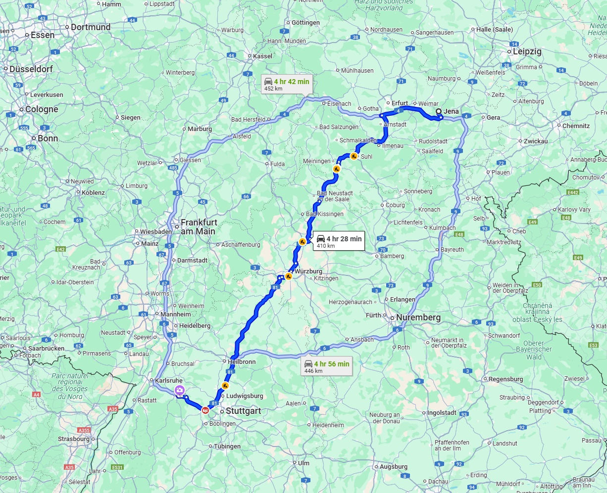 Anreise von Jena Zu Pforzheim Über via A71 and A81