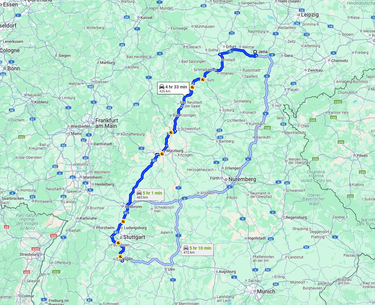 Anreise von Jena Zu Reutlingen Über via A71 and A81