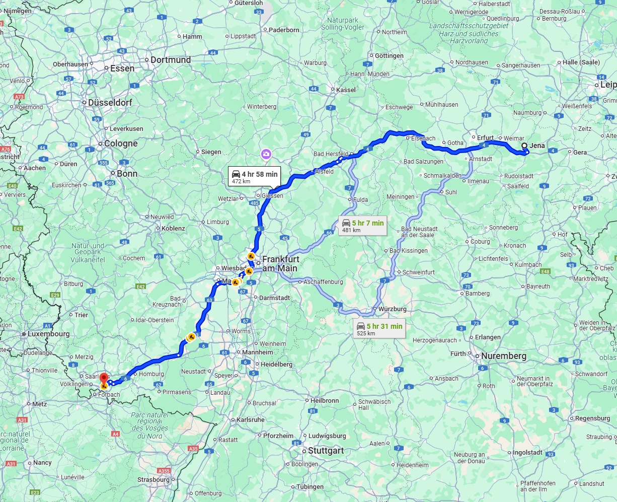 Anreise von Jena Zu Saarbrücken Über via A4 and A5