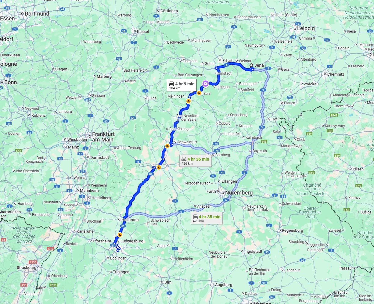 Anreise von Jena Zu Stuttgart Über via A71 and A81