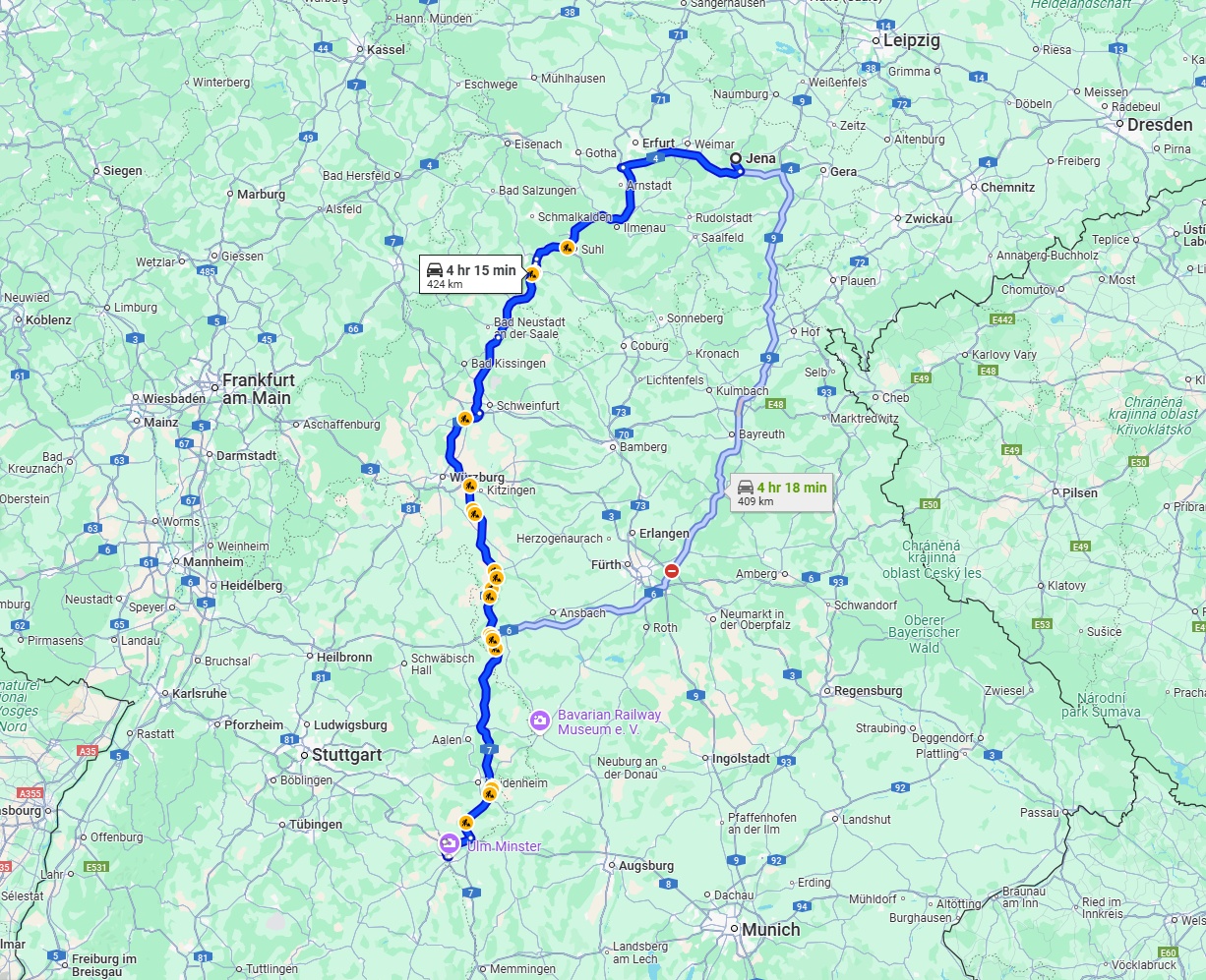 Anreise von Jena Zu Ulm Über via A71 and A7