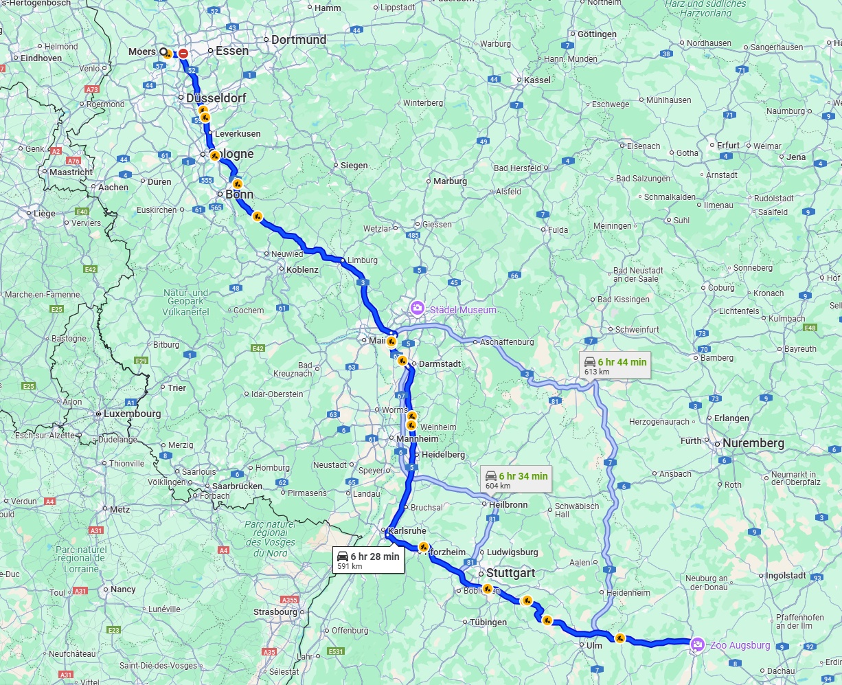 Anreise von Moers Zu Augsburg Über via A3 and A8
