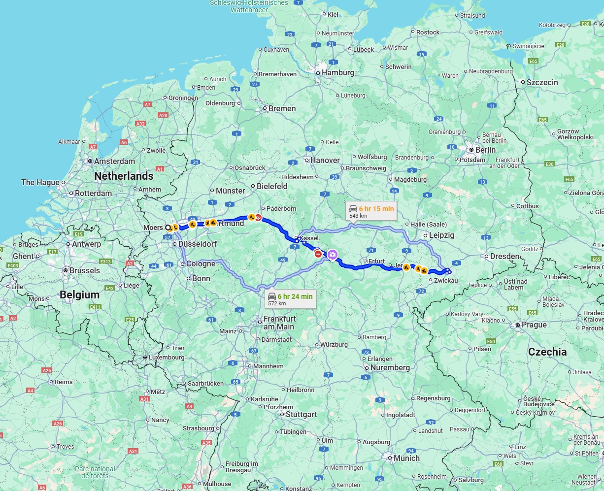 Anreise von Moers Zu Chemnitz Über via A44 and A4