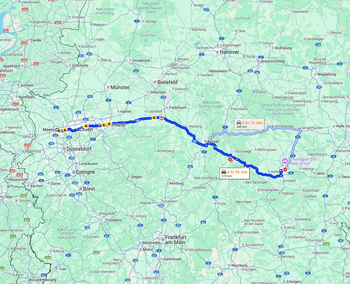 Anreise von Moers Zu Erfurt Über via A44