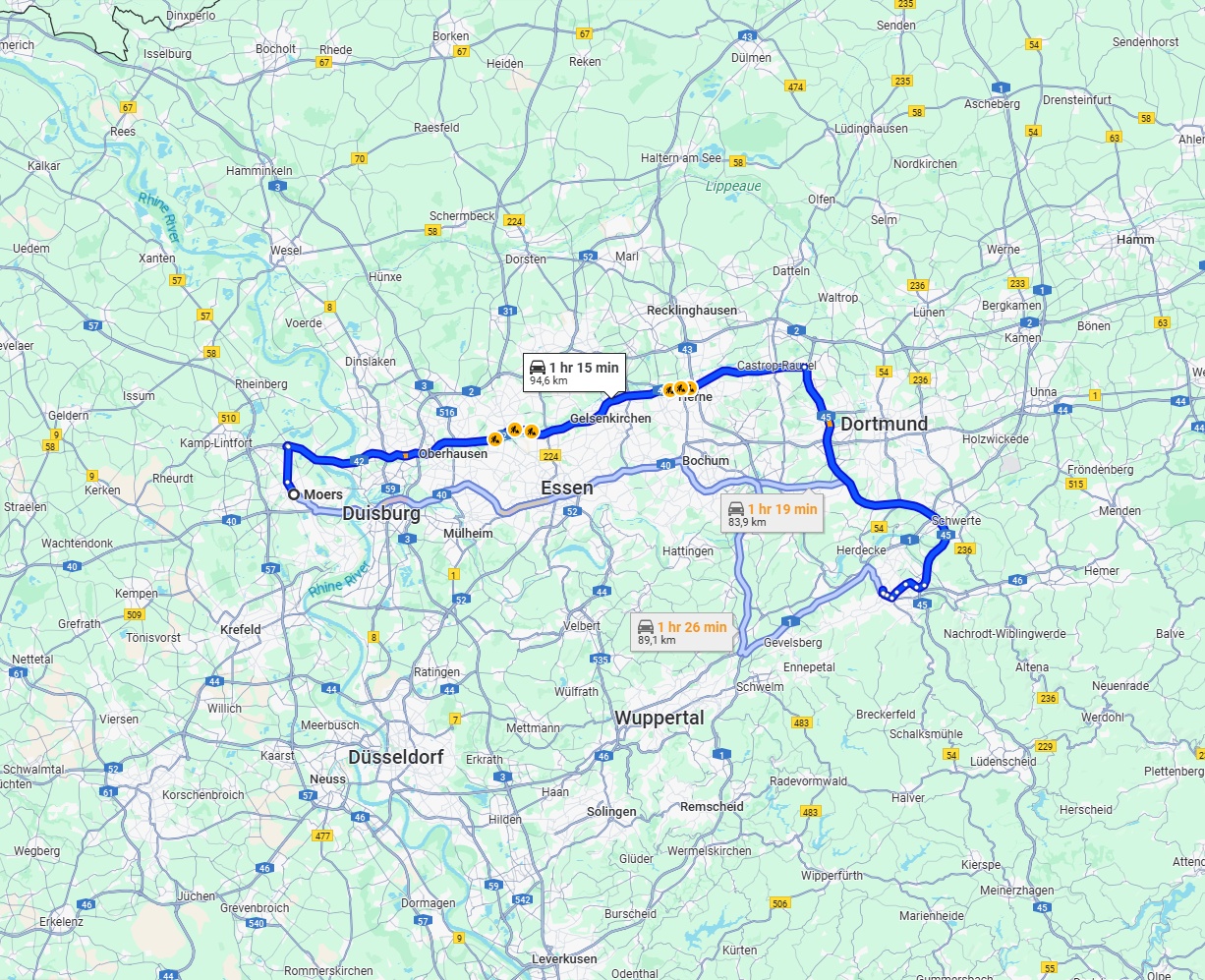Anreise von Moers Zu Hagen Über via A42 and A45