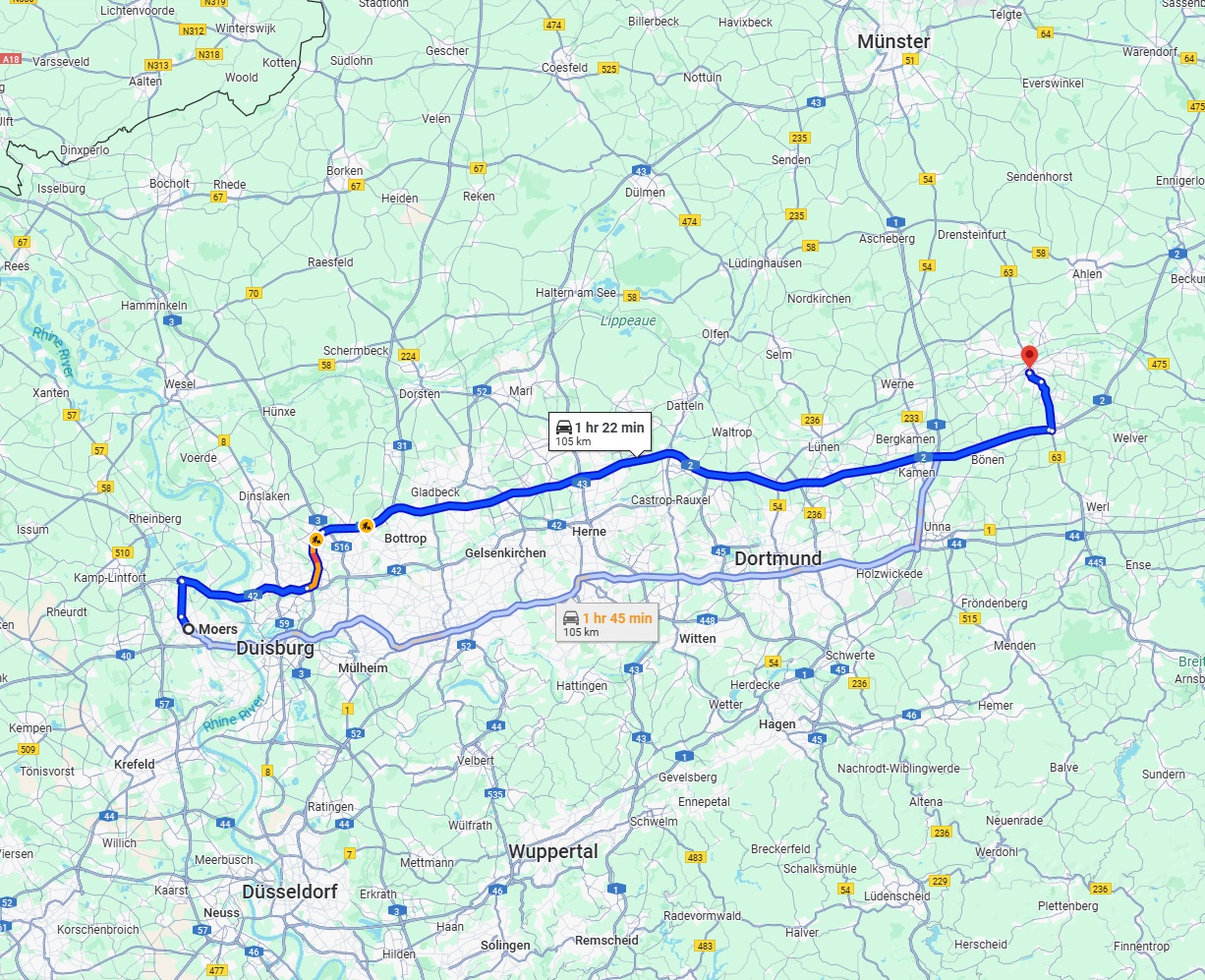 Anreise von Moers Zu Hamm Über via A2