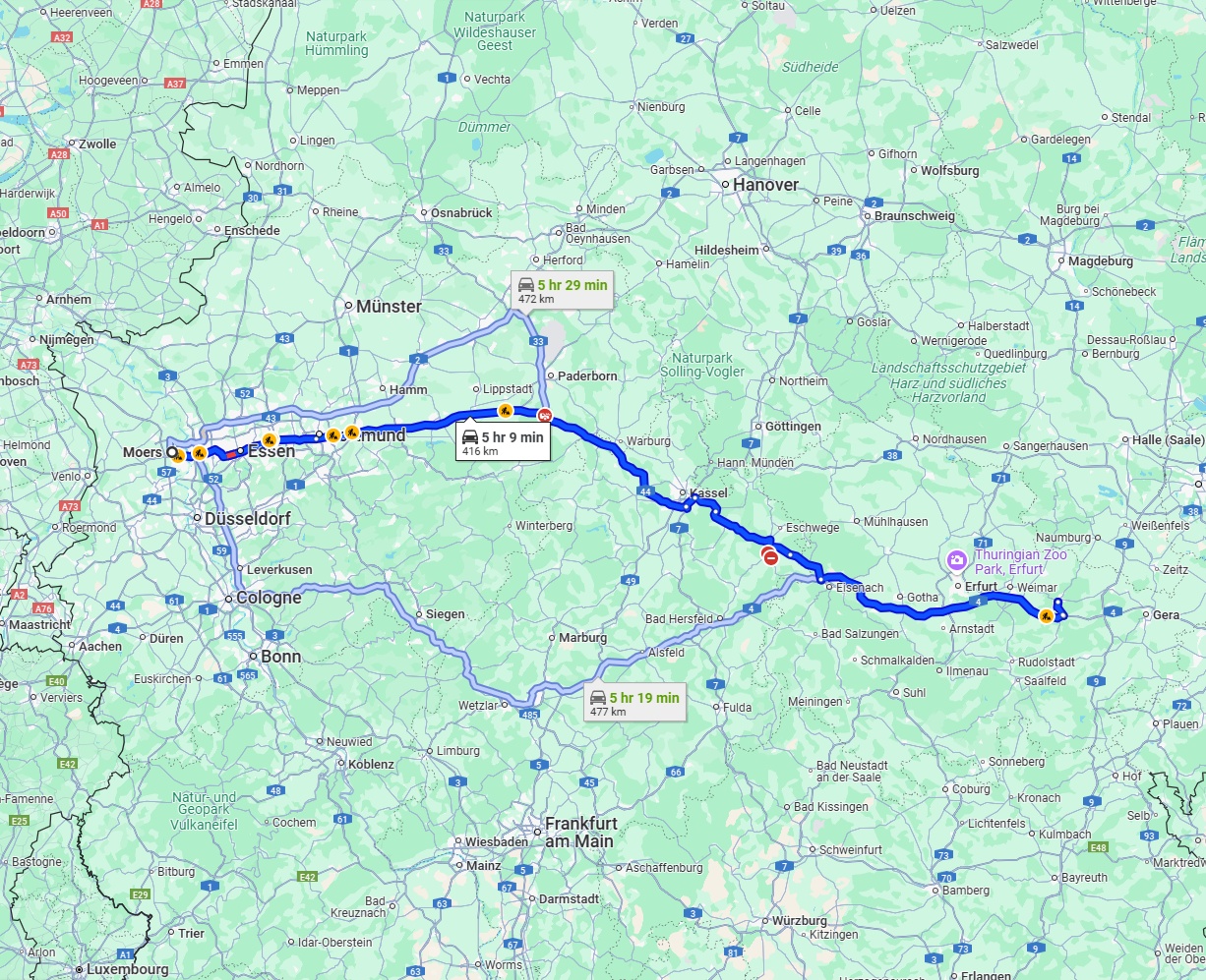 Anreise von Moers Zu Jena Über via A44 and A4