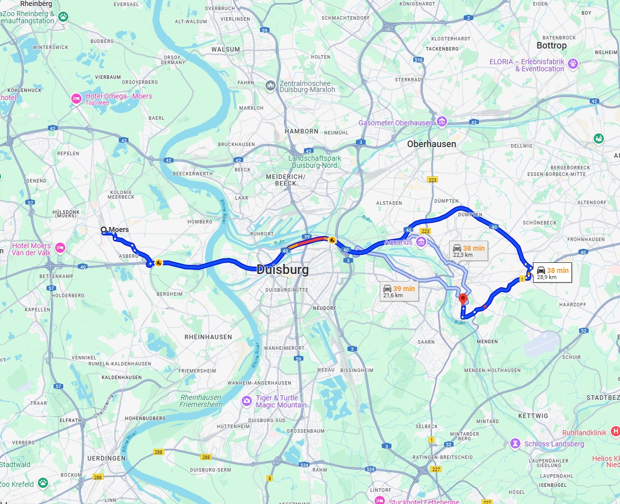 Anreise von Moers Zu Mülheim an der Ruhr Über via A40