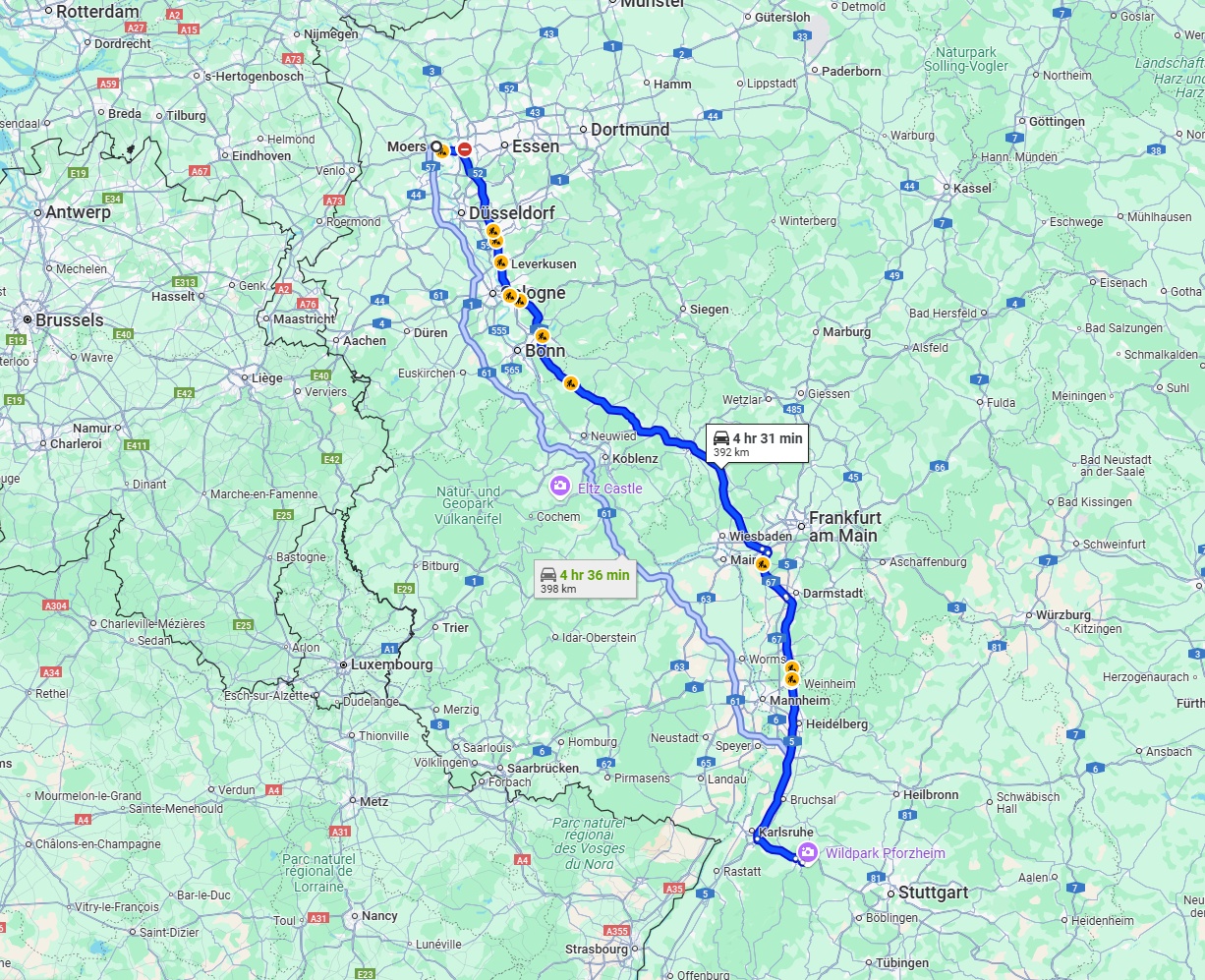 Anreise von Moers Zu Pforzheim Über via A3 and A5