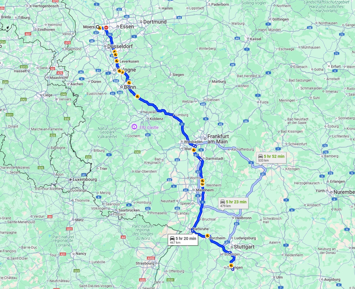 Anreise von Moers Zu Reutlingen Über via A3