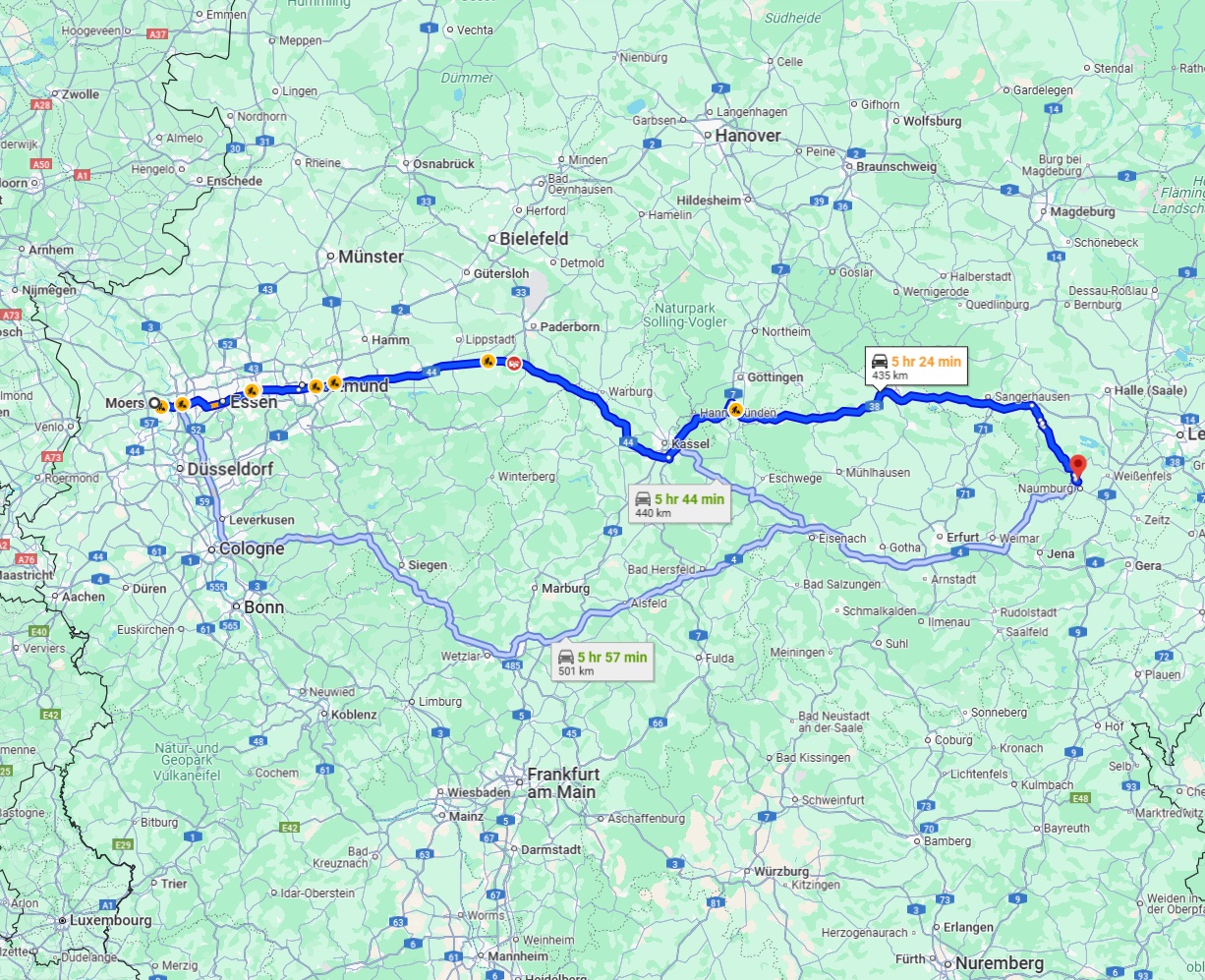 Anreise von Moers Zu Saale Über via A44 and A38
