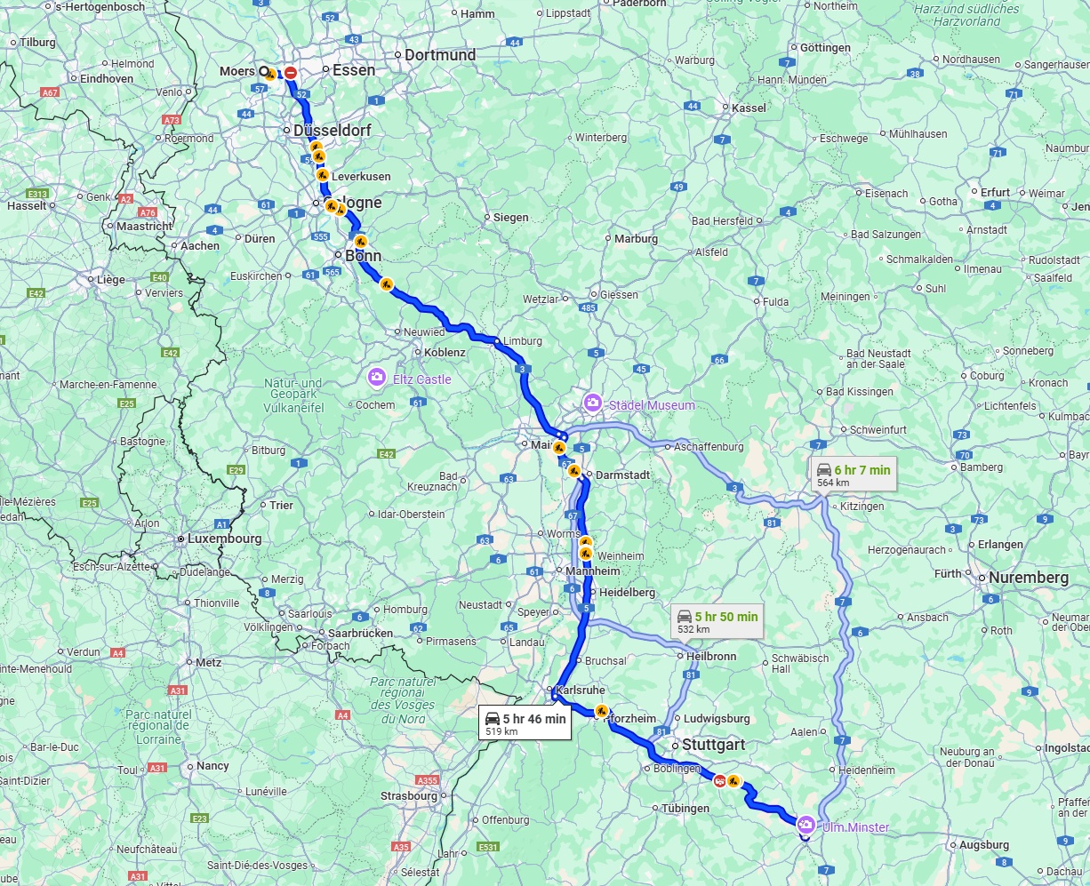 Anreise von Moers Zu Ulm Über via A3 and A8