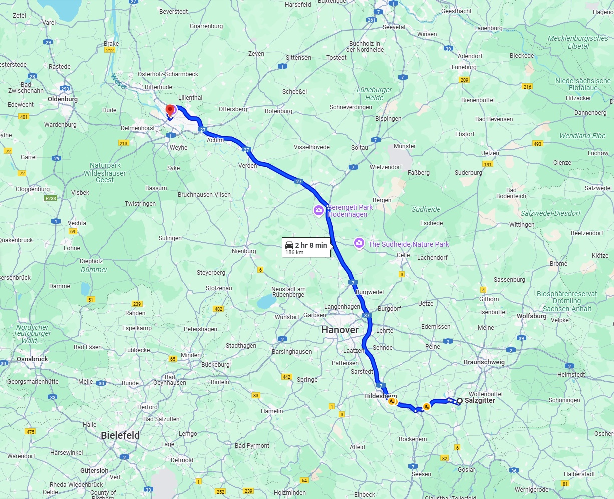 Anreise von Salzgitter Zu Bremen Über via A7 and A27