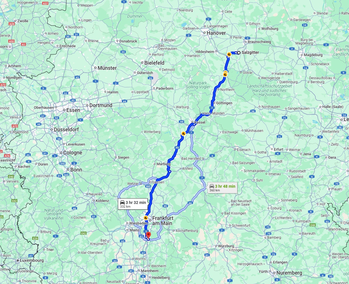 Anreise von Salzgitter Zu Darmstadt Über via A7, A49 and A5