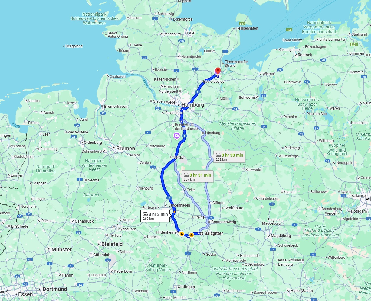 Anreise von Salzgitter Zu Lübeck Über via A7 and A1