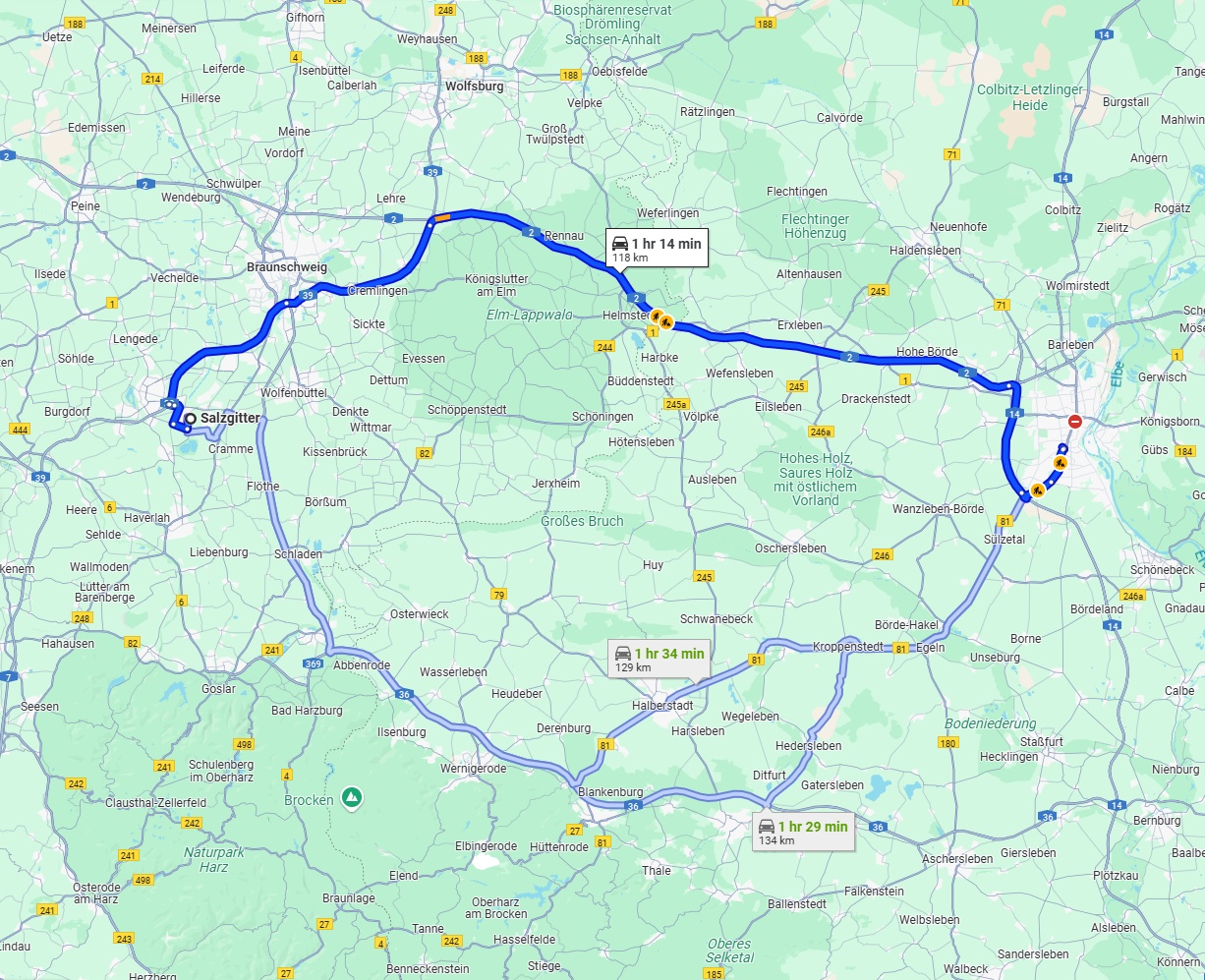 Anreise von Salzgitter Zu Magdeburg Über via A39 and A2