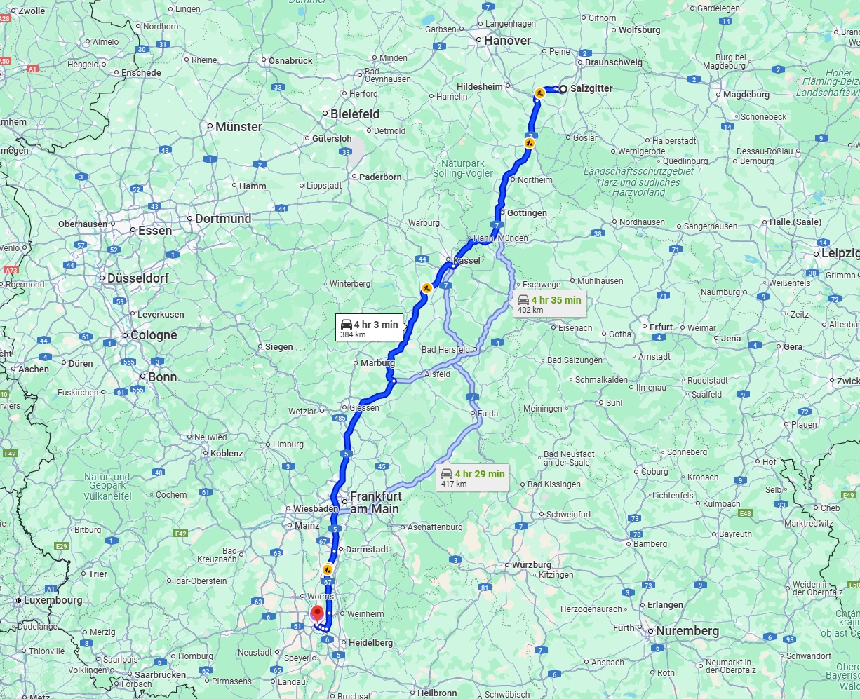 Anreise von Salzgitter Zu Mannheim Über via A7 and A5
