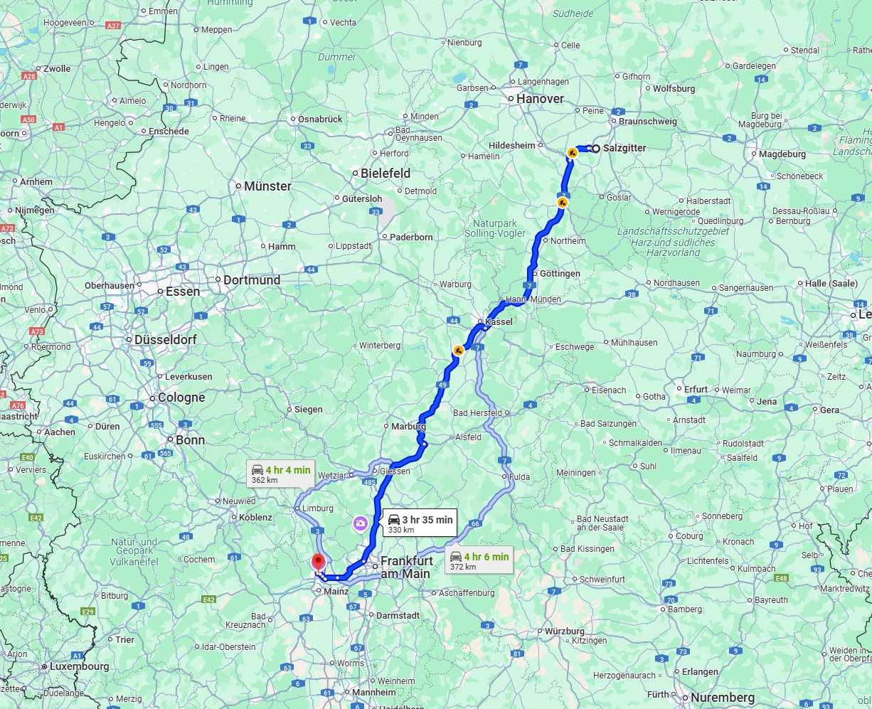 Anreise von Salzgitter Zu Wiesbaden Über via A7 and A49