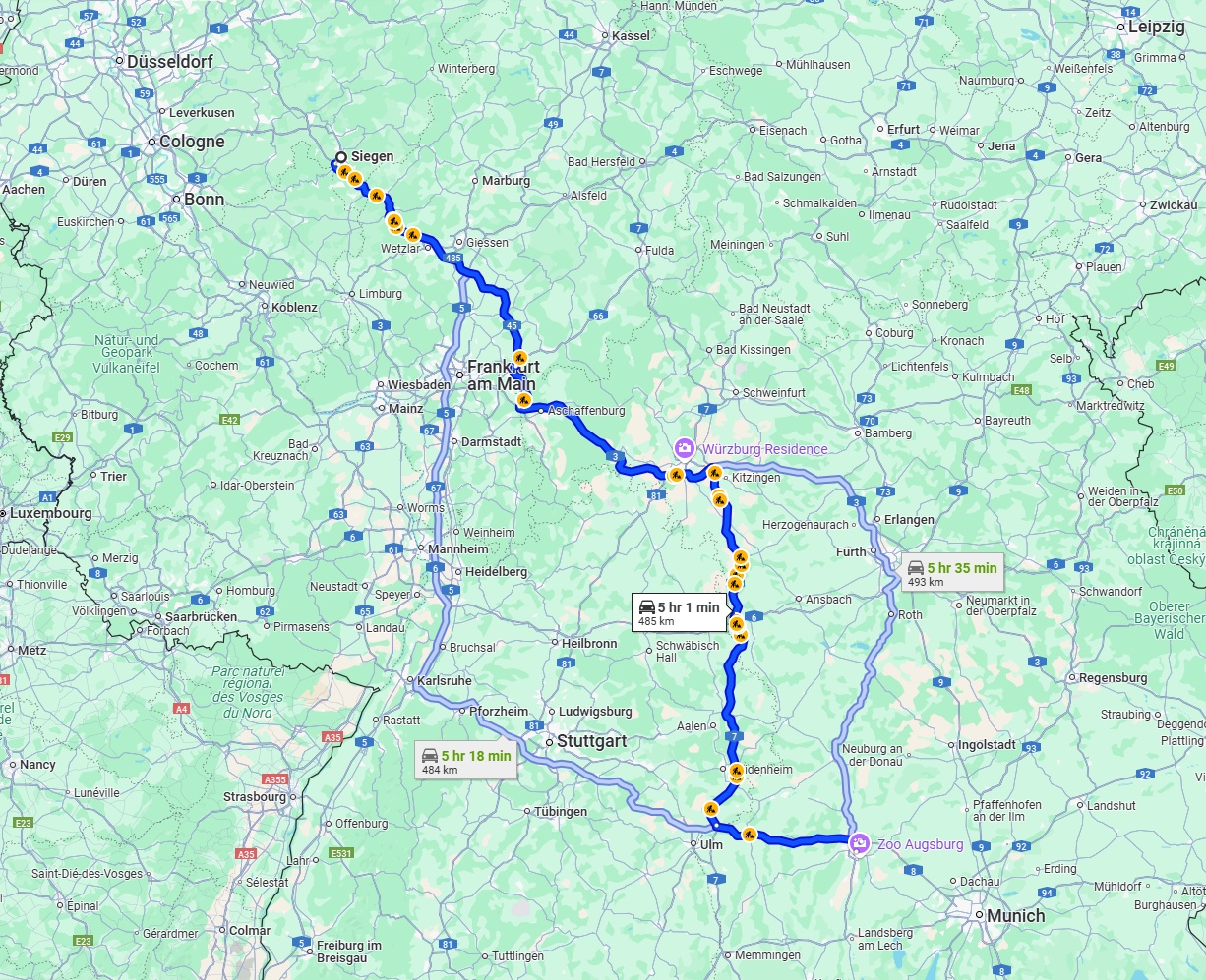 Anreise von Siegen Zu Augsburg Über via A45 and A7